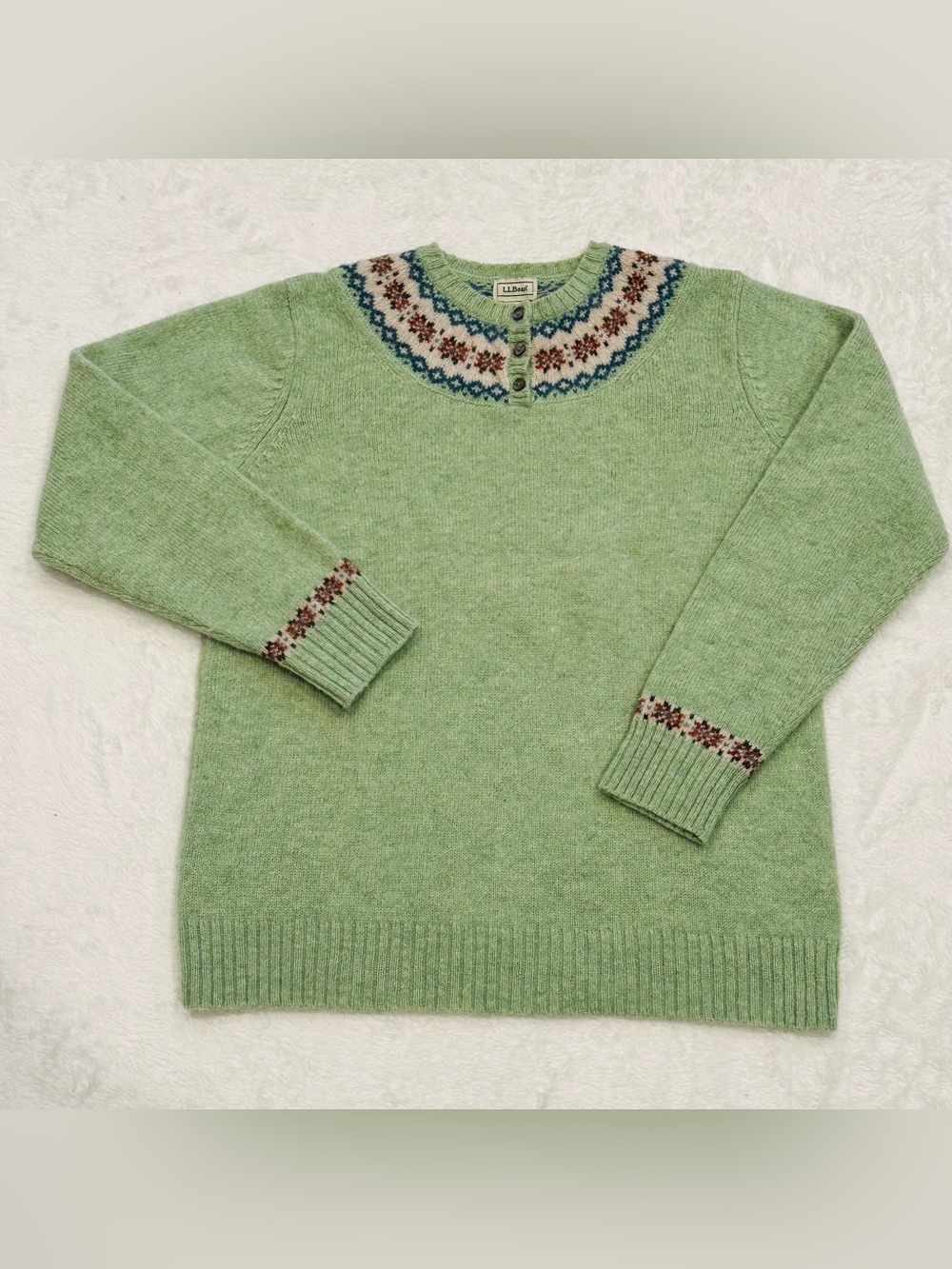 Vtg LL Bean Shetland Wool Fair Isle Sweater Womens M/L Green Nordic Henley Yoke